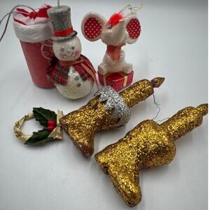 Vintage Christmas Ornaments Lot of 5 Sparkle Glitter Grannycore MCM Retro Craft